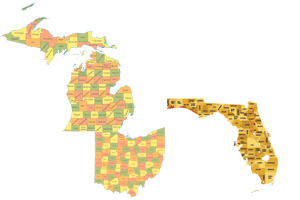 Image showing all Counties of Ohio, Florida, and Michigan